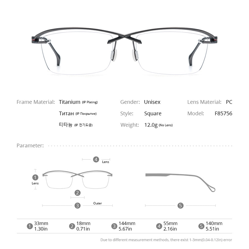 FONEX Titanium Glasses Frame Men Semi Rimless Square
