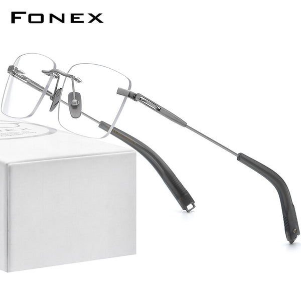 FONEX Pure Titanium Glasses Frame Rimless Men Square Eyeglasses 80814